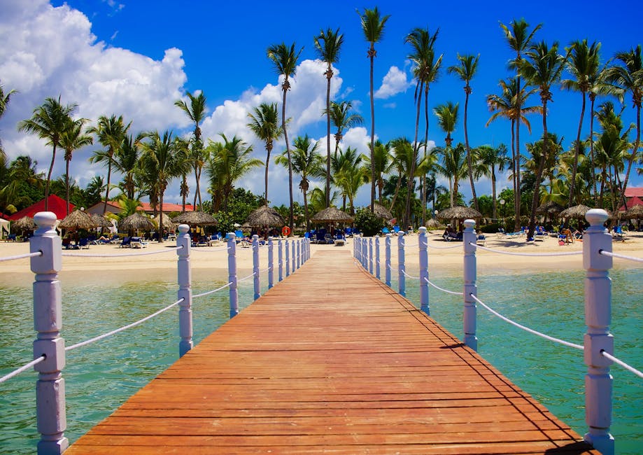 Wooden dock leading to a tropical beach resort with palm trees and clear blue waters